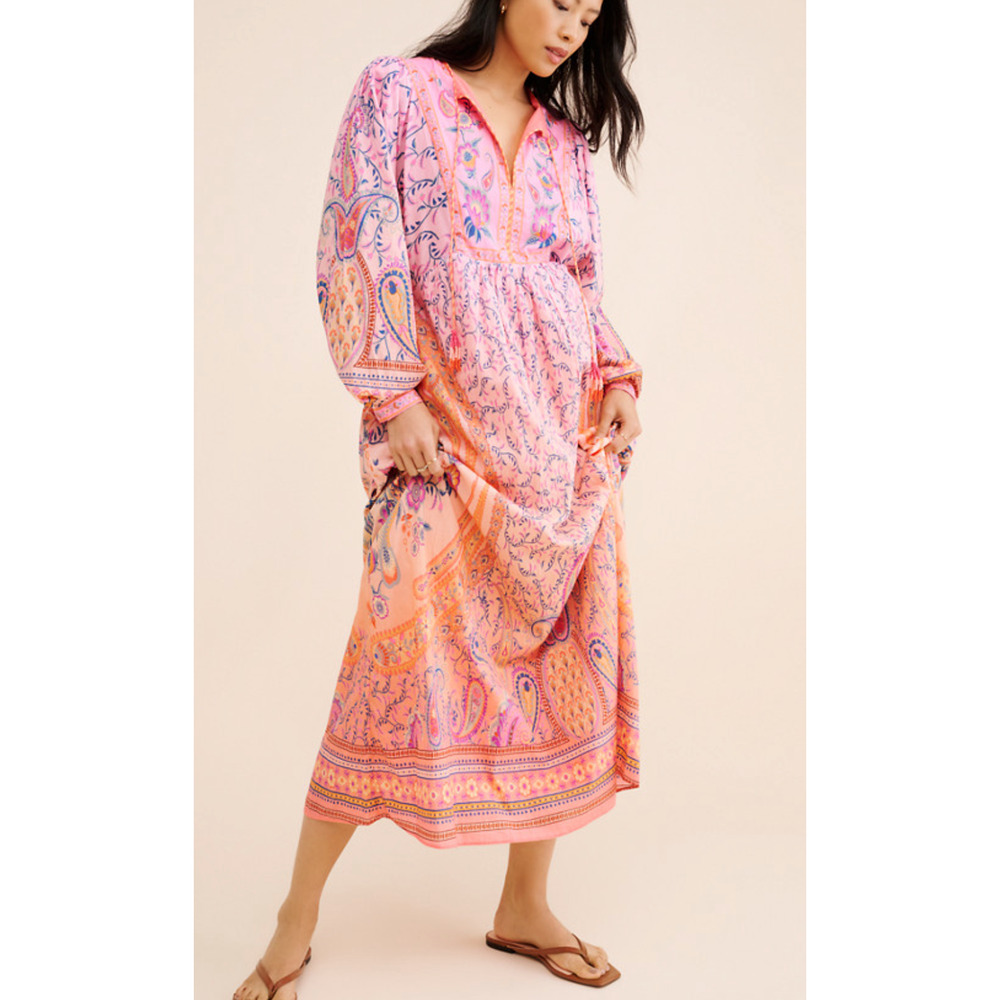 NEW FARM RIO ANTHROPOLOGIE PINK MYSTICAL WINTER PRINT LONG SLEEVE MAXI DRESS XS